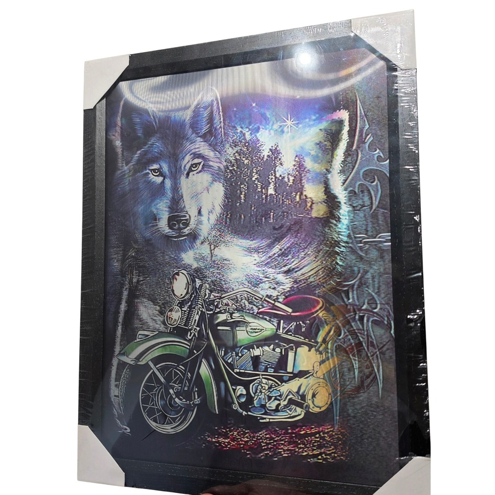 3D Lenticular Wolf Motorcycle Framed Wall Art Snarling Wolf 13x17 Motion Picture - Picture 2 of 5